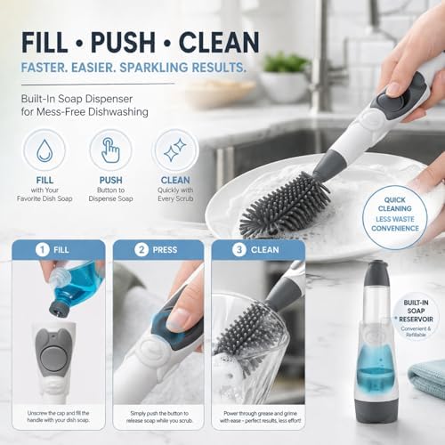 Soap Dispensing Brush Cleaner for Kitchen, Glassware, Mugs, and Plates, BPA Free Silicone Bristles, Portable Comprehensive Multi-Purpose Cleaning
