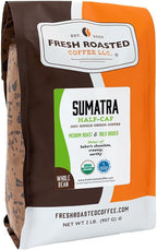 Fresh Roasted Coffee, Organic Sumatra Water-Processed Half-Caf Whole Bean Coffee, Medium Roast, USDA Organic, 100% Single Origin, Kosher, 2 lb (32 oz)