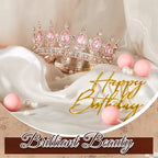 8 Pcs Pink Queen Crown Cake Topper for Women, Happy Birthday Cake Toppers Foam Balls Rhinestone Crystal Tiara Wedding Decoration for Princess Party Photo Props