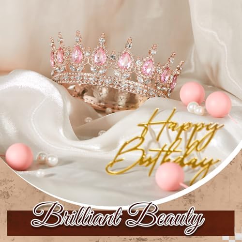 8 Pcs Pink Queen Crown Cake Topper for Women, Happy Birthday Cake Toppers Foam Balls Rhinestone Crystal Tiara Wedding Decoration for Princess Party Photo Props