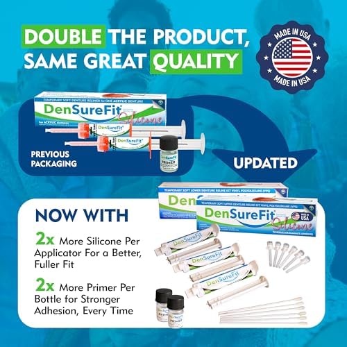 Densurefit Silicone Kit for Upper and Lower Denture, 3-6 Month Soft Silicone Dentures Repair Set to Refit and Tighten, Easy to Use Reline Set with Larger Primer and Applicators for Comfortable Fit