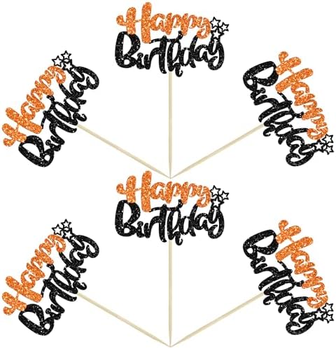Ephlyn 24Pcs Happy Birthday Cupcake Toppers Double Layer Glitter Happy Birthday Cake Decorations for Halloween Baby Shower Theme Anniversary Party Cake Decorations Supplies Black Orange