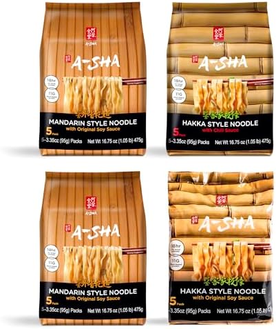 A-Sha Fan Favorite Variety Pack, Taiwanese Air-Dried Noodles, Mandarin Original, Hakka Original, Hakka Chili, Vegan, 10g Plant Protein, No MSG, Ready in 4 Minutes (20 Total Packs)