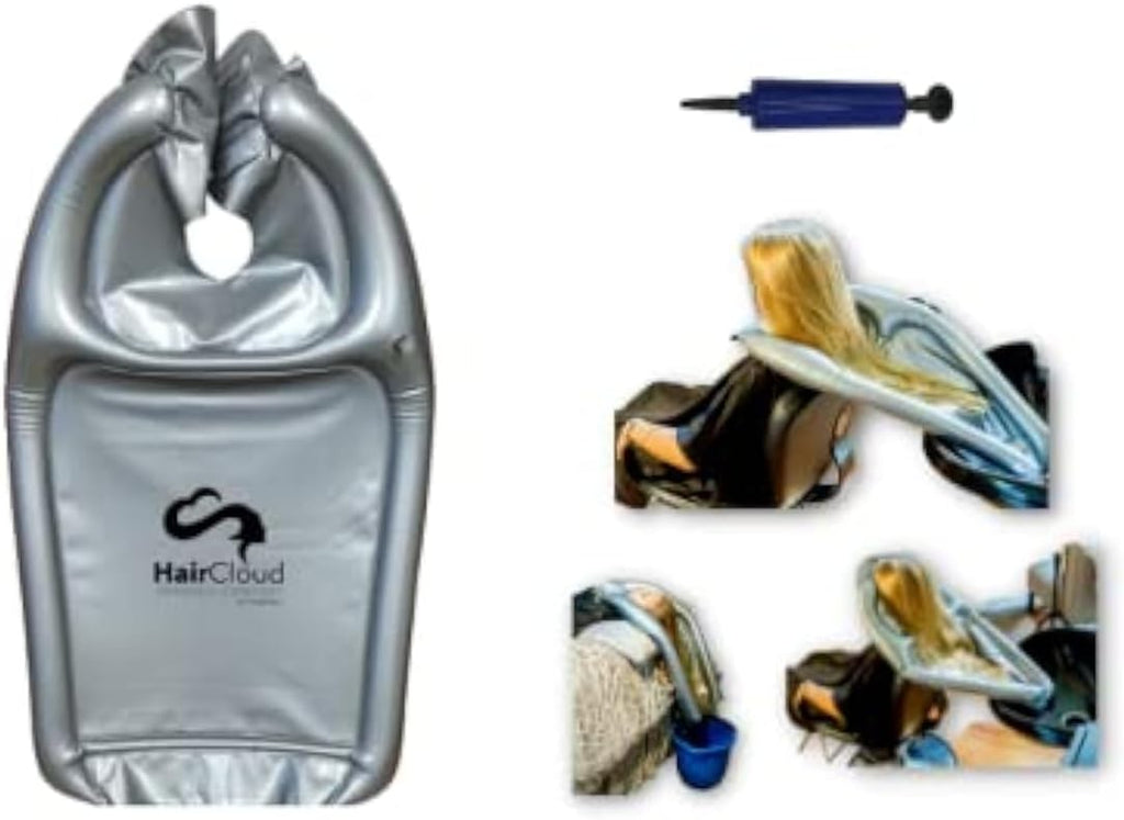 Inflatable Hair Washing Funnel for Shampooing Hair in Any Chair and Basin. Portable Tray Device to Use at Home, in Salon, Nursing Home or Hospital Cape to Help Keep Clothes Dry Pump Included!