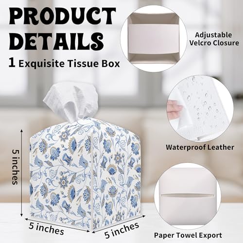 Tissue Box Cover - Blue Print PU Leather Tissue Holder Square Tissue Cube Box - Organizer for Night Stands, Vanity Countertop, Car, Spring Decorations for Home Office Tabletop Supplies & Decor - A01