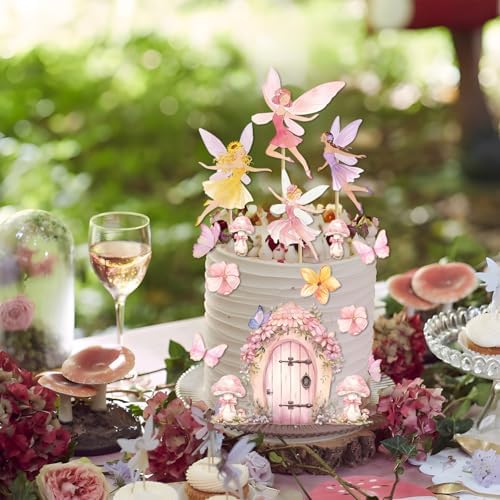 Fairy Cake Toppers for Fairy Birthday Party Decorations Pink Mushroom Door Butterfly Flowers Cake Decoration Fairy Garden Cake Toppers