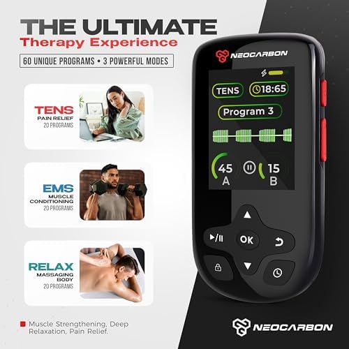 NEOCARBON TENS Unit Muscle Stimulator Ultra for Pain Relief & Recovery, TENS EMS Machine with PMS Steady Mode, Dual Channel Stim Machine for Muscle Therapy, Black