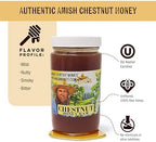 Goshen Amish Country Extremely Raw Chestnut Honey - Unfiltered, Unprocessed, Pure & Natural - Harvested in the USA - Rich Flavor for Tea, Cooking, Wellbeing - Kosher Certified - 16oz Glass Jar