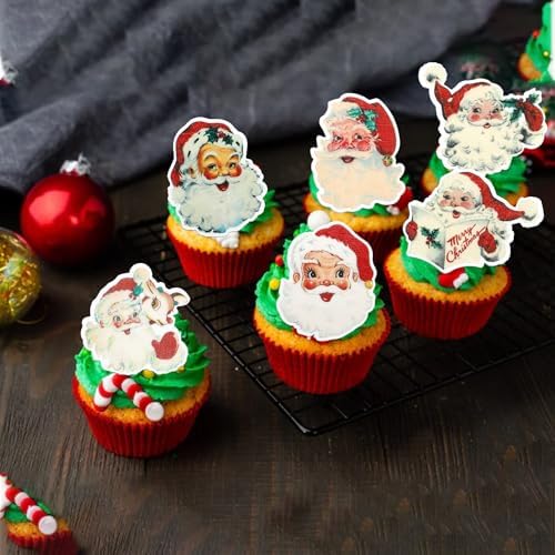 Rsstarxi 60 Pack Edible Santa Claus Cupcake Toppers Wafer Paper Santa Claus Merry Christmas Cake Decorations for Celebrating Merry Christmas Theme New Year Holiday Party Decorations Supplies