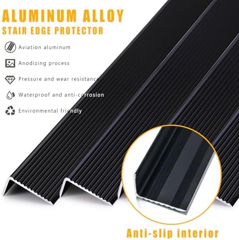 10 Pcs 36in x1.2in Stair Edge Protector,Aluminum Alloy L-Shaped Non-Slip Metal Stair Nosing,Indoor Outdoor Waterproof Tread Stair Nose Molding Stair Edging Stair Edge Trim (3Ft,Black,10 Pcs)