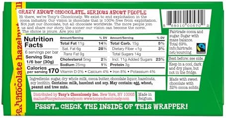 Tony’s Chocolonely Belgian Milk Chocolate Hazelnut Candy Bar for Snacks, Chocolate Bar for Party Favors, Gifts, or Gift Basket, 32% Cacao, Made From Quality Fairtrade Cocoa, 6.35 Oz