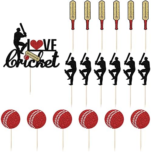 Kaoenla Kaoenla I Love Cricket Cake Decoration-19 Pieces Cricket Sports Glitter Cupcake Featured Boy Birthday Party Supplies Sports Theme Party Featured Decoration