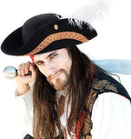 Juvale Pirate Hat Tricorn with Feather - 15 x 13 x 3.5 In, Black, Kettle Brim - Pirate Hats for Adults & Revolutionary War Reenactment