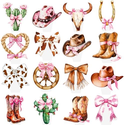 Western Cowgirl Bow Cupcake Toppers 48Pcs Brown Pink Cowgirls Birthday Decorations Disco Bowknot Cactus Cupcake Picks Coquette Cake Decor for Girls Women Baby Shower Bachelorette Party Supplies