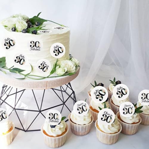 40Pcs Edible Circle Happy 30th Birthday Cupcake Toppers Edible Floral Hello 30 Fabulous Cheers to 30 Cupcake Picks Drink Toppers for Funny Female Floral 30th Birthday Party Decorations