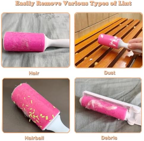 Washable Gel Lint Roller 3 Pack, Reusable Sticky Lint Roller Portable Pet Hair Remover Cleaner for Clothes, Travel, Home, Large with Cover and Foldable Mini Remover, Pink