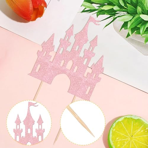 1 PCS Castle Cake Topper Glitter Princess Cake Topper Castle Theme Birthday Party Decoration Princess Happy Birthday Cake Decoration for Baby Shower Girls Princess Birthday Party Supplies Light Pink