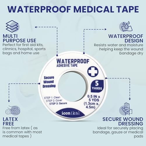 Iconikal 4-Pack First Aid Waterproof Adhesive Tape, 0.5 x 180-Inches, White for Wound Care Gauze Wrap