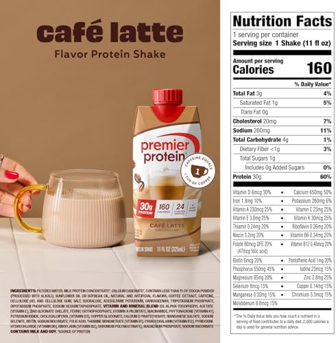 Premier Protein Shake, Café Latte with Caffeine for Energy – 30g Protein, No Added Sugar, 24 Vitamins & Minerals to Support Immune Health, 11 fl oz, 12 Pack