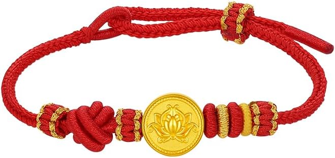 24K Solid Gold Bracelets Flower Textured Medallion Pattern Ruyi Round Charm Red Braided Bracelet Jewelry for Women Daughter Mom Gifts New Year Anniversary Valentine Birthday 7.87"/20cm