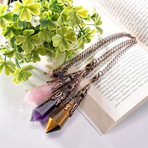 Jovivi 3pcs Natural Amethyst Rose Quartz Crystal 12 Facted Therapy Healing Dowsing Divination Pendulum Reiki Charged Chakra Balancing Pendant with Chain