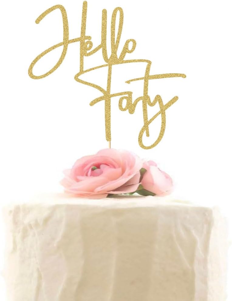 Hello Forty Cake Topper, Happy 40th Birthday Party Decorations, Gold Glitter