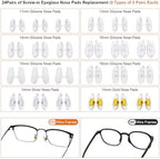 Eyeglass Nose Pads Replacement with 4 Sizes Screws, 24 Pairs Screw-in Glasses Nose Pads, Upgraded Eyeglass Repair Kit with Precision Screwdrivers, Tweezers, Glasses Cloth for Glasses, Sunglasses