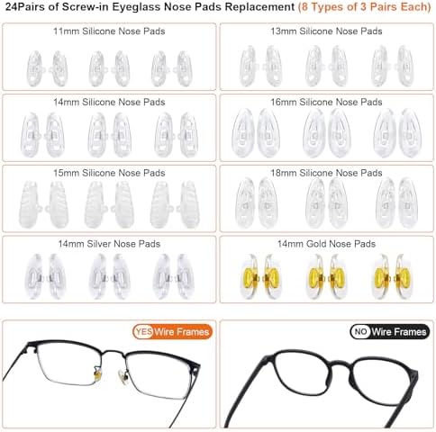 Eyeglass Nose Pads Replacement with 4 Sizes Screws, 24 Pairs Screw-in Glasses Nose Pads, Upgraded Eyeglass Repair Kit with Precision Screwdrivers, Tweezers, Glasses Cloth for Glasses, Sunglasses