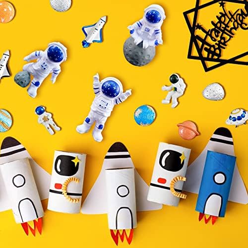 40PCS Astronaut Cake Toppers - Outer Space Astronaut Figurine Meteorite Planet Rocket Stars and Gold Silver Ball Space Theme Cake Decorations