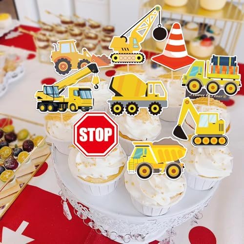 45 PCS Construction Cupcake Toppers Dump Truck Excavator Tractor Stop Sign Part Cake Toppers for Construction Theme Kids Birthday Decorations Baby Shower Birthday Sign Decor Party Decor Party Supplies