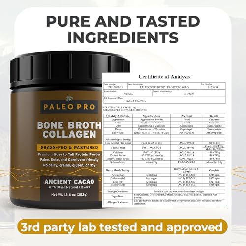 PaleoPro Bone Broth Collagen Protein Powder - Turmeric Root Grass-Fed Collagen Powder for Skin & Bones - Gluten Free, No Sugar, Soy, Grains, Net Carbs - Paleo & Keto Friendly 20 Servings Ancient Cacao
