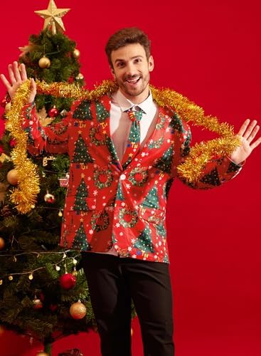 Arvilhill Men's Christmas Blazer with Tie - Ugly X-Mas Festive Jacket - Christmas Theme Party Suit for Men (S-XXL)