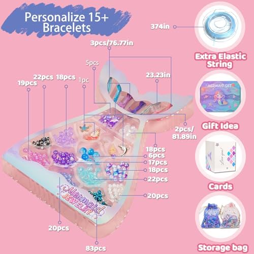 Danvren Mermaid Bracelet Making Kit for Girls, Mermaids Toys Jewelry Craft Christmas Birthday Gifts for Girl, 200+ DIY Beads,Charm Necklace Making Kits for Kids Ages 5-10