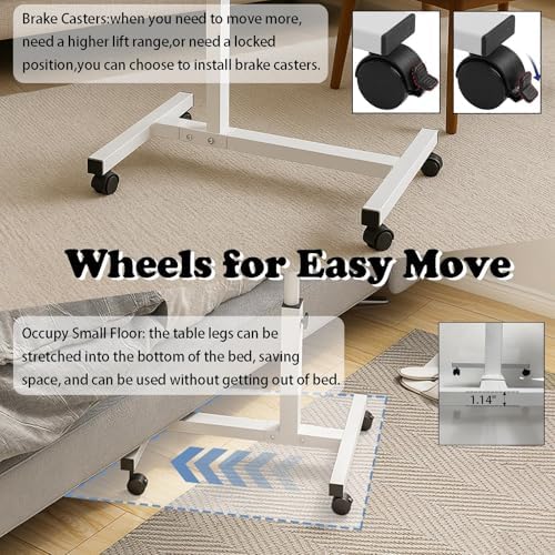 Laptop Table for Couch,Height Adjustable Moving Desk with Wheels & Overbed Tables, Mobile Rolling Computer Cart as Hospital Bed Table for Home Use