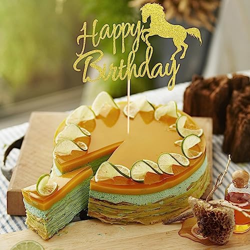 Horse Happy Birthday Cake Topper, Horse Racing Theme Birthday Party Decoration for Boys Girls Men Women, Kids Birthday Party Decoration Supplies-Gold Glitter