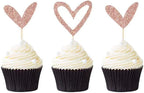24 PCS Rose Gold Glitter Heart Cupcake Toppers Sweet Love Theme Cupcake Picks Valentine's Day Cupcake Decorations for Wedding Engagement Bridal Shower Birthday