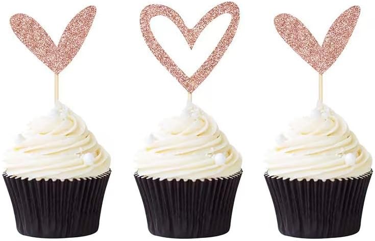 24 PCS Rose Gold Glitter Heart Cupcake Toppers Sweet Love Theme Cupcake Picks Valentine's Day Cupcake Decorations for Wedding Engagement Bridal Shower Birthday