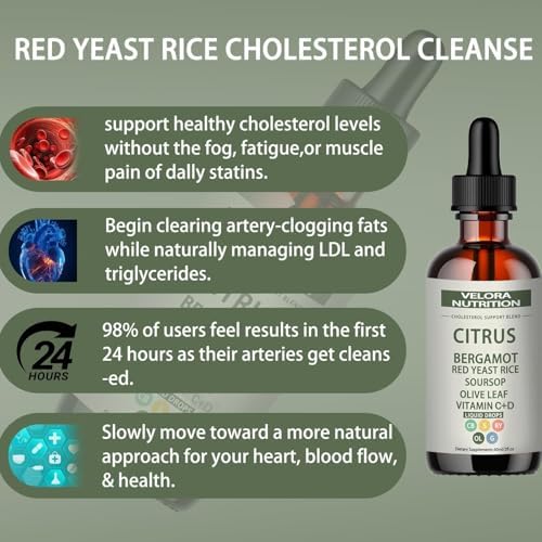 velora Red Yeast Rice Cholesterol Cleans Drops with Citrus, Bergamot, Red Yeast Rice, Soursop, Olive Leaf, Vitamin C+D, Natural, Non-GMO, Vegan 2 fl oz (1pc)