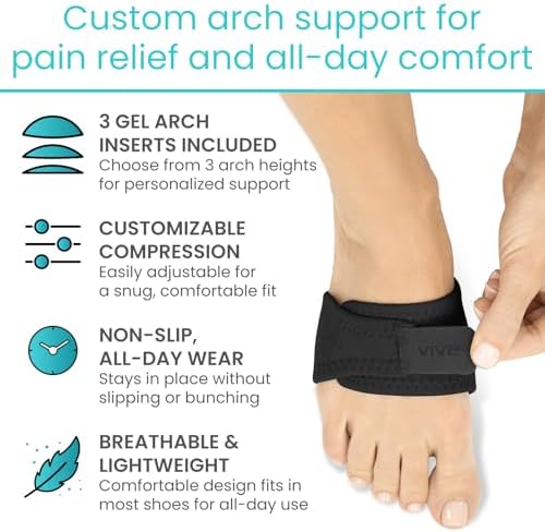 Vive Foot Arch Support Brace (Pair) - Wrap Corrector for Flat Feet, Plantar Fasciitis, Pain Relief, Fallen Arches - Compression Sleeve Strap, Gel Bands Inserts for Women & Men - Wear Under Socks