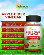 aSquared Nutrition Apple Cider Vinegar Gummies - 1500mg Per Serving - with The Mother - 90 ACV Gummies w/Vitamin B6 & B12, Folic Acid - Vegan Gummy Supplement Alternative to Capsules Pills & Drink