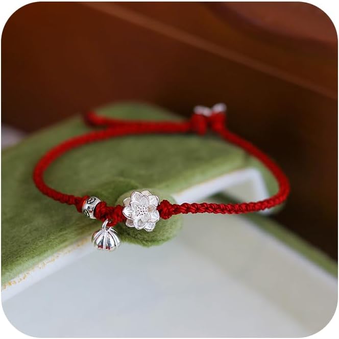 Sdouefos Lotus Flower Bracelet 925 Sterling Silver for Women, Handmade Braided Rope Red String Adjustable Lady Jewelry Red Protection Bracelet for Women Buddhist Spiritual Lucky Amulet Gift