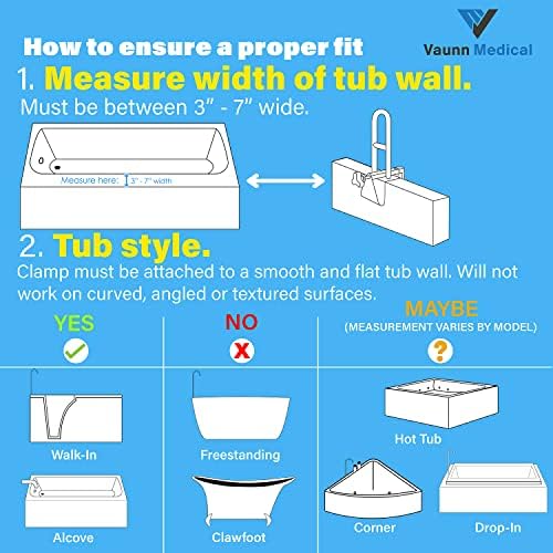 Vaunn Medical Adjustable Bathtub Safety Rail Shower Grab Bar Handle, Stainless Steel, White
