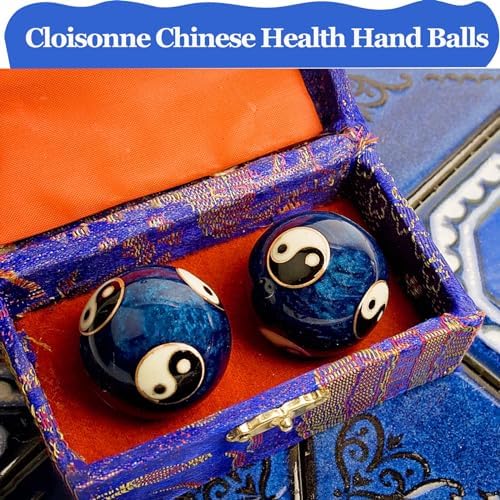 Generic 1.85'' Cloisonne Health Hand Balls Yin-Yang Chinese Meditation Baoding Feng Shui Healthy Exercise Stress Balls with Gift Box, Blue