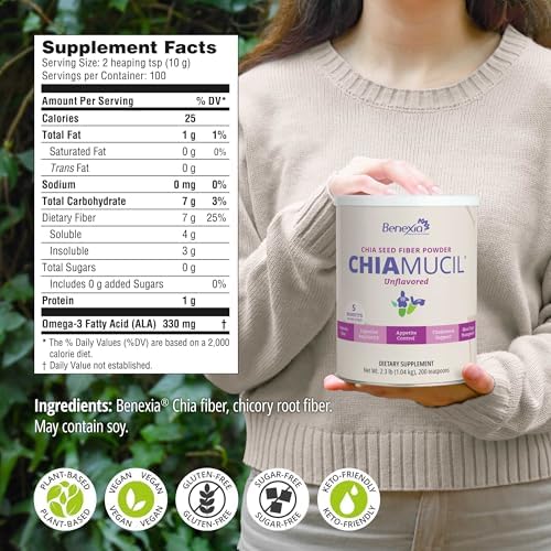 Chiamucil Prebiotic Chia Fiber Supplement Powder – For Appetite Control & Digestive Health – Chia Fiber & Chicory Root (Inulin) – Gluten & Sugar Free, Vegan, Non-GMO, Unflavored - 100 servings