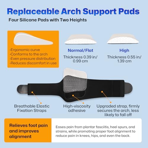 Arch Support Braces with Replaceable Gel Pads, Adjustable Orthotic Arch Support for Women Men, Relief for Plantar Fasciitis, High Arch, Flat Feet, Foot Fatigue, Arch Pain, 4 Pads with 2 Heights