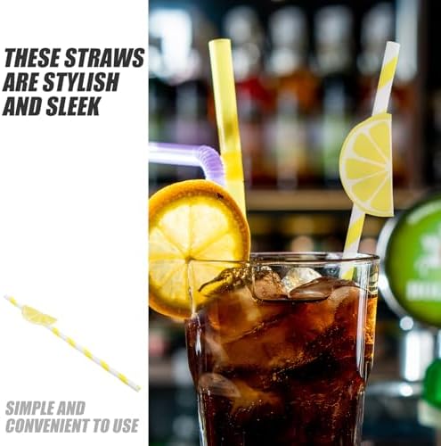 NUOBESTY 20pcs Yellow Stripe Lemon Paper Drinking Straws Decorative Cocktail Straws for Juice Party and Coffee Cups Summer Birthday Supplies