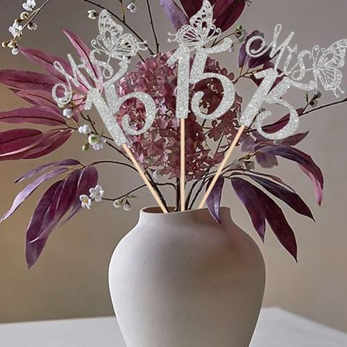 12 Pack Happy 15th Birthday Party Decorations, Mis 15 Centerpiece Sticks for Table, Hello 15 Fabulous Table Toppers, Cheers to 15 Years Old Birthday Anniversary Party Decotations Silver