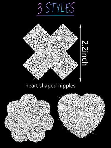 Hercicy 3 Pairs Rhinestone Pasties Sticky Bra Reusable Pasty Breast Covers Waterproof Boob Stickers for Women