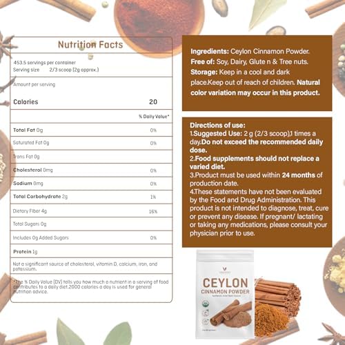 VELOTO Organic Ceylon Cinnamon Powder – 2lb, Fine Ground True Cinnamon for Baking, Cooking & Drinks, Vegan Non-GMO & Gluten-Free