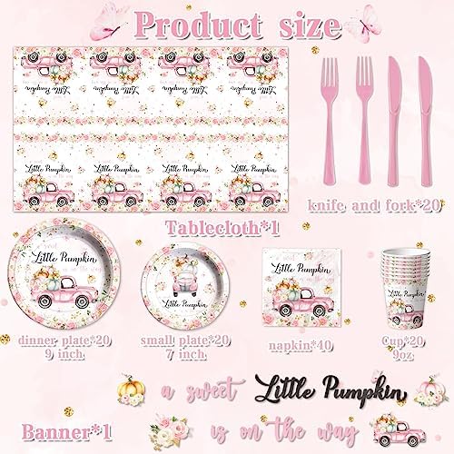 Little Pumpkin Baby Shower Party Decorations Tableware,142Pcs A Sweet Little Pumpkin is On The Way Girl Pink Floral Truck Disposable Tablecloth,Plates,Napkins for Autumn Fall Thanksgiving Supplies